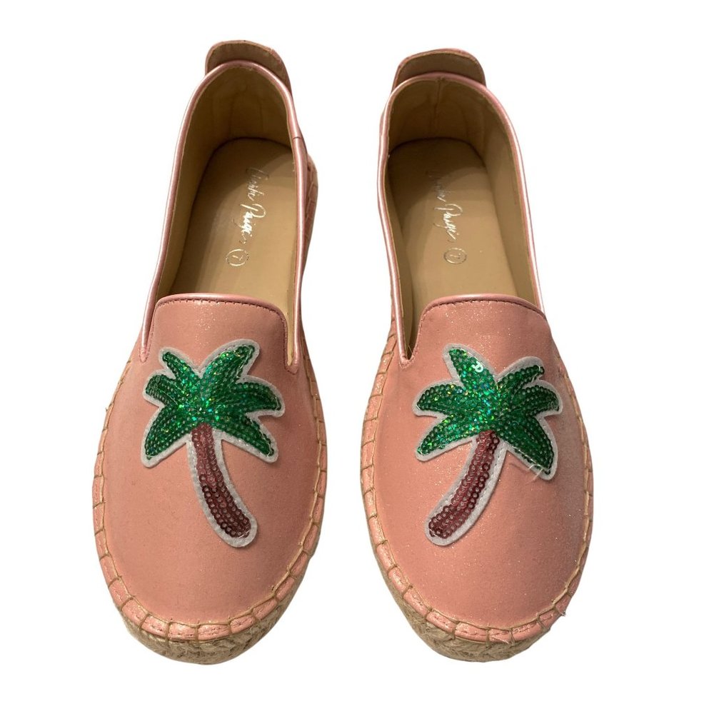 NIB Charlie Paige Pink Sequin Palm Tree Espadrille Size 7
